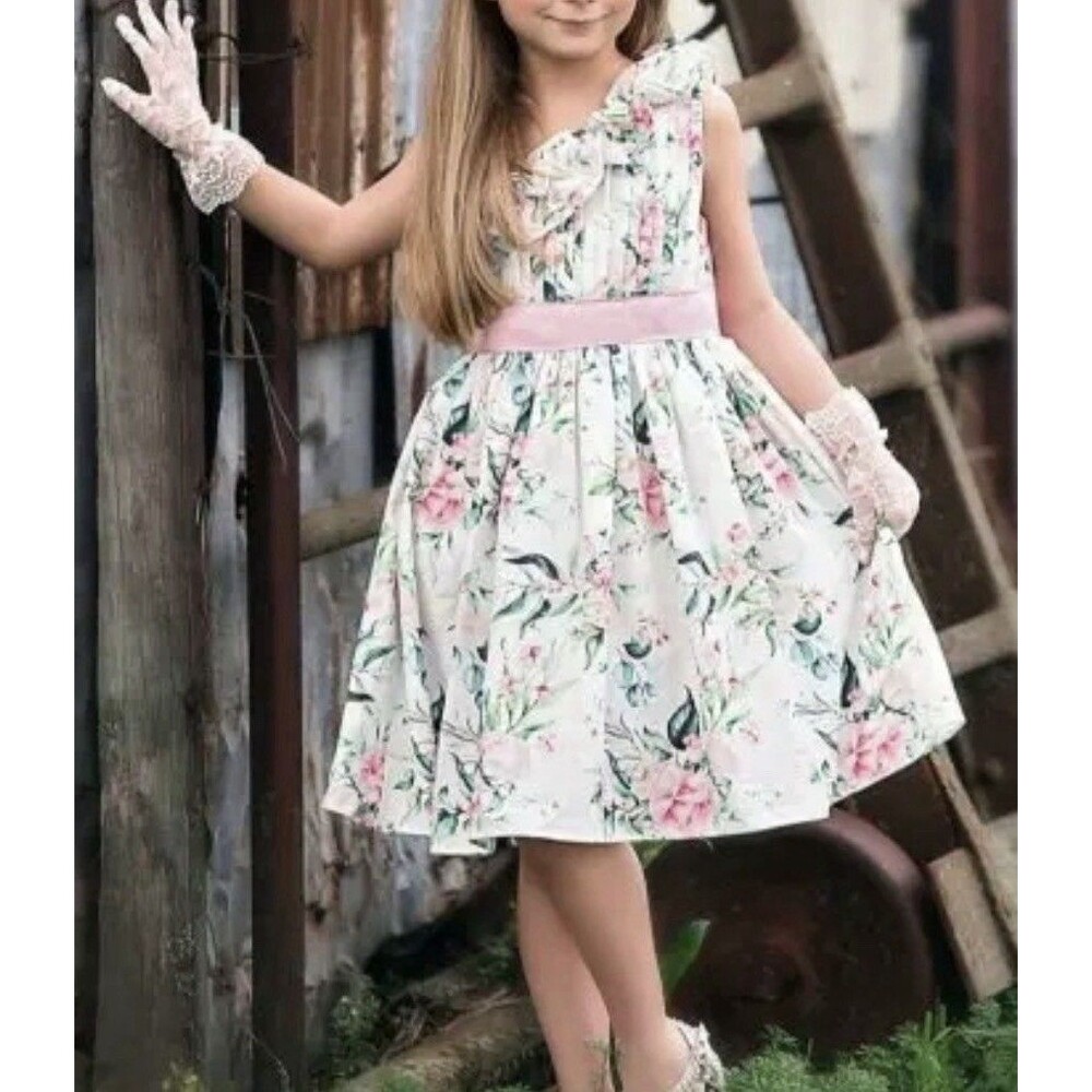 Trish Scully Girls 6 Special Occasion Dress Floral Pin Tuck Bodice/Pink Sash
